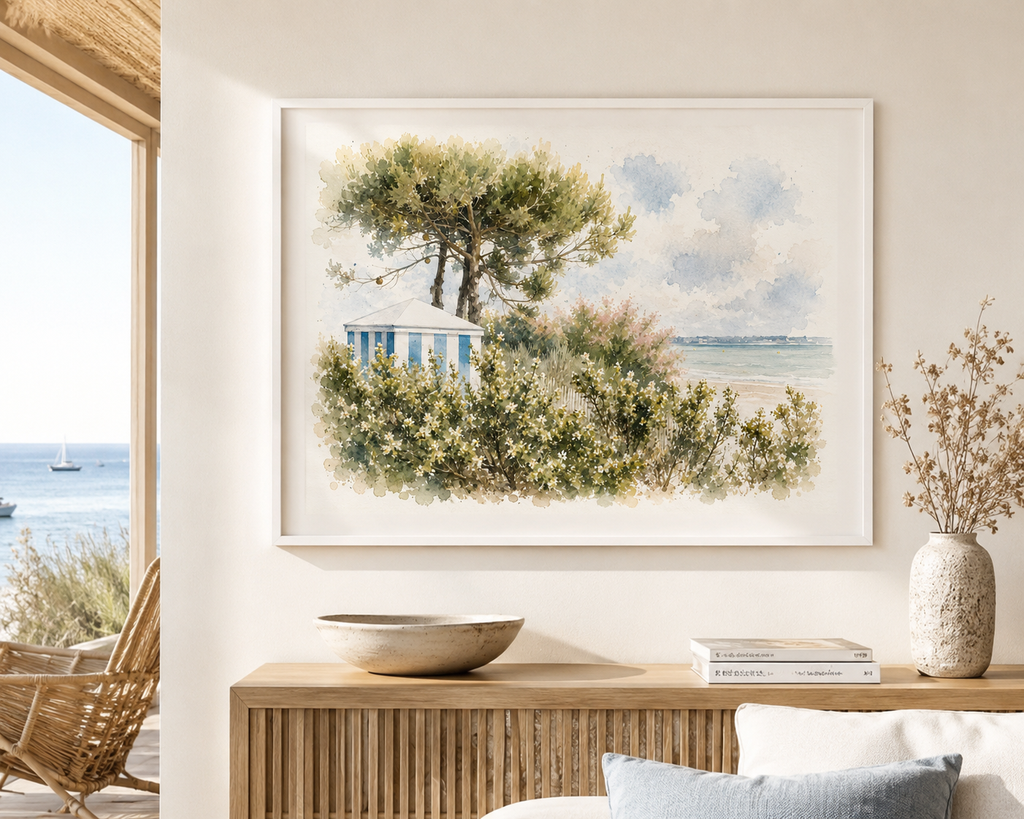 Affiche Cabine de Plage La Baule – Aquarelle | Poster Déco Bord de Mer