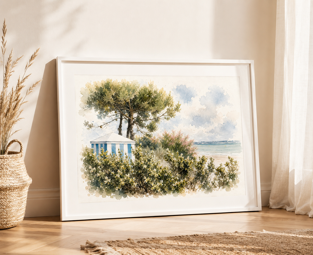 Affiche Cabine de Plage La Baule – Aquarelle | Poster Déco Bord de Mer