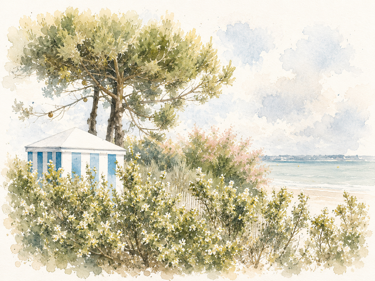 Affiche Cabine de Plage La Baule – Aquarelle | Poster Déco Bord de Mer