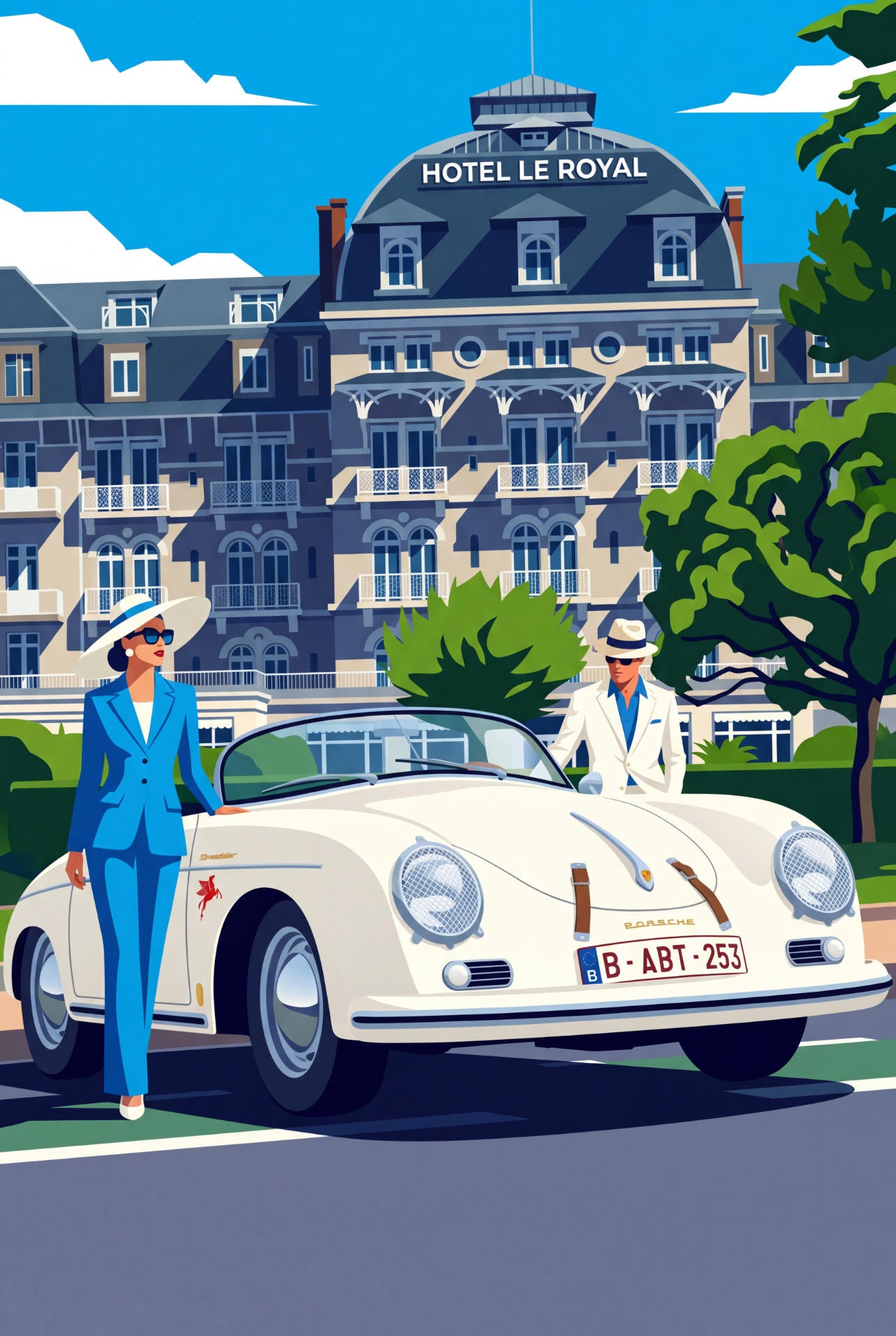 Affiche La Baule – Hôtel Le Royal & Porsche 356 | Poster Riviera Vintage